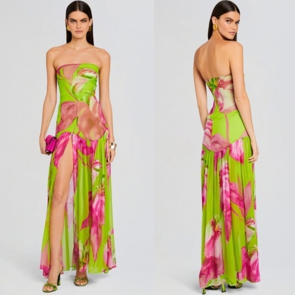 Retrofete Dresses & Skirts - Retrofete Lime & Fuchsia Strapless Floral Maxi Gown